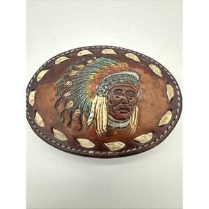 VINTAGE Native American Leather Embroidered Belt Buckle Texas Western